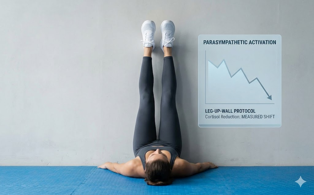 Athlete utilizing the legs up wall protocol to lower cortisol.โ
